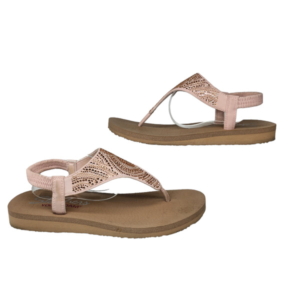 Skechers Sandals Womens 8 Ankle Strap Thong Pink Rhinestone Bling Yoga Foam - Picture 1 of 12